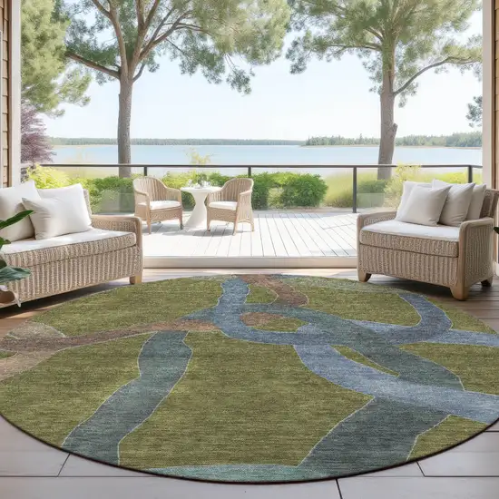 8' Olive Green Blue And Brown Round Abstract Washable Indoor Outdoor Area Rug Photo 4