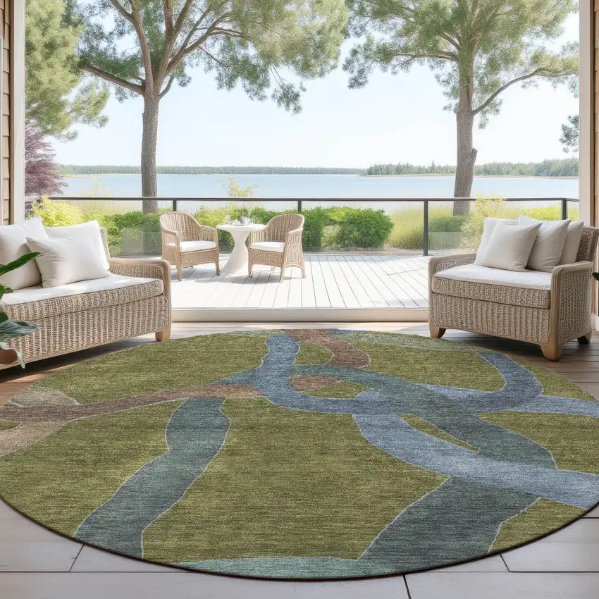 8' Olive Green Blue And Brown Round Abstract Washable Indoor Outdoor Area Rug Photo 4