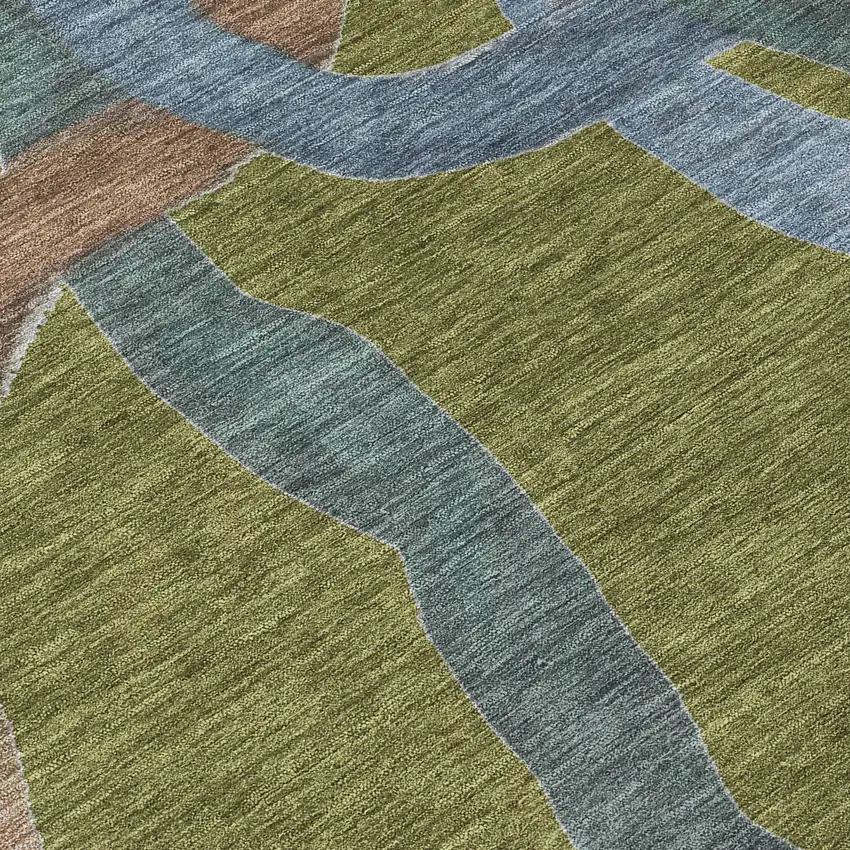 8' Olive Green Blue And Brown Round Abstract Washable Indoor Outdoor Area Rug Photo 9