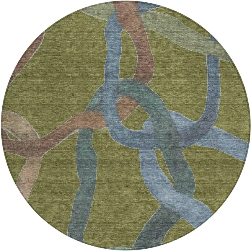 8' Olive Green Blue And Brown Round Abstract Washable Indoor Outdoor Area Rug Photo 1