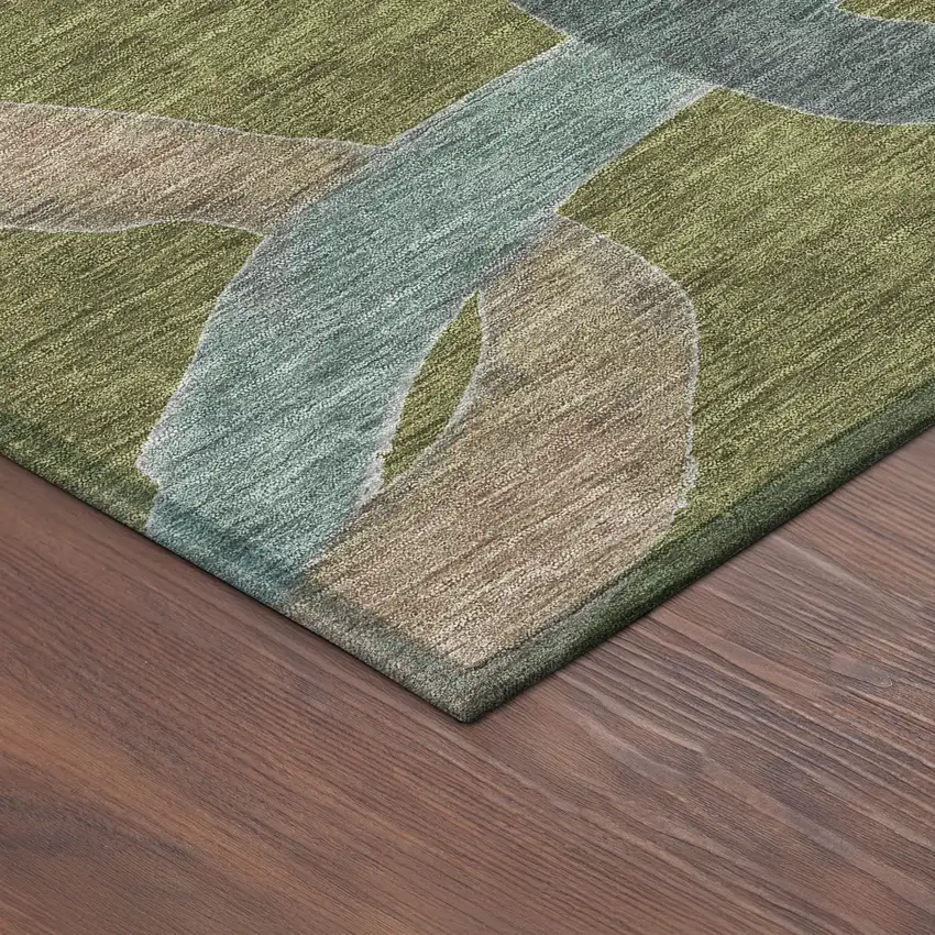 8' Olive Green Blue And Brown Round Abstract Washable Indoor Outdoor Area Rug Photo 8