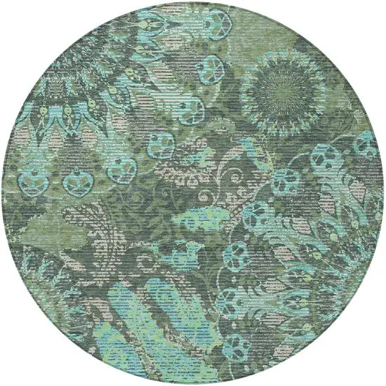 8' Olive Green Blue And Gray Round Paisley Washable Indoor Outdoor Area Rug Photo 4