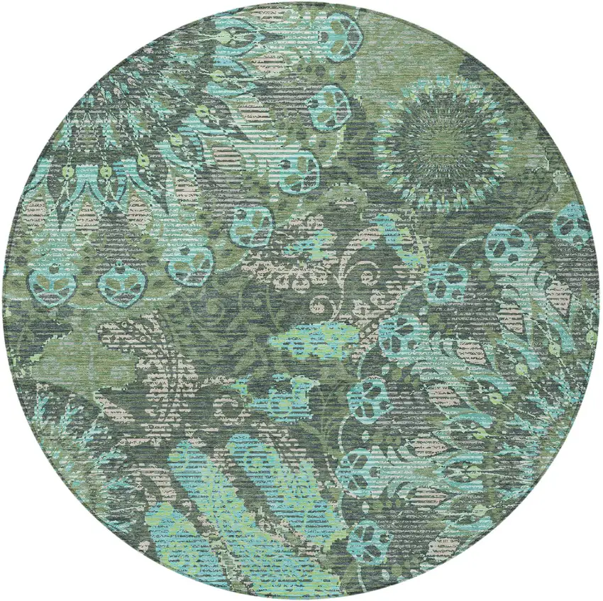 8' Olive Green Blue And Gray Round Paisley Washable Indoor Outdoor Area Rug Photo 4