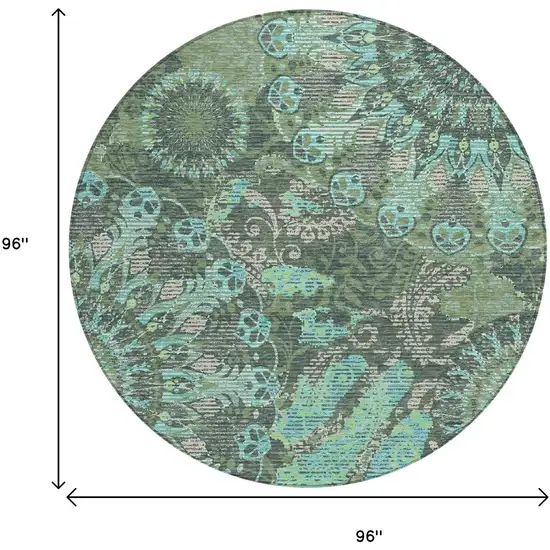 8' Olive Green Blue And Gray Round Paisley Washable Indoor Outdoor Area Rug Photo 3