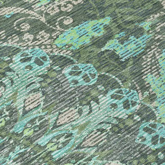 8' Olive Green Blue And Gray Round Paisley Washable Indoor Outdoor Area Rug Photo 9