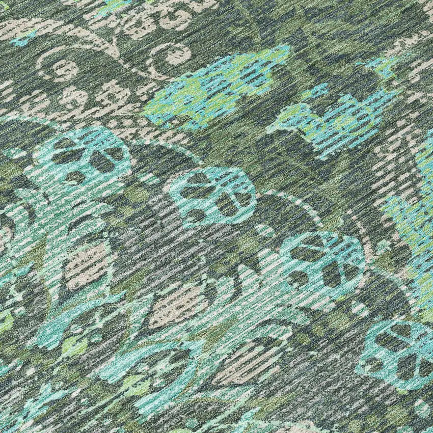 8' Olive Green Blue And Gray Round Paisley Washable Indoor Outdoor Area Rug Photo 9