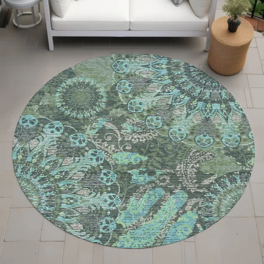 8' Olive Green Blue And Gray Round Paisley Washable Indoor Outdoor Area Rug Photo 7
