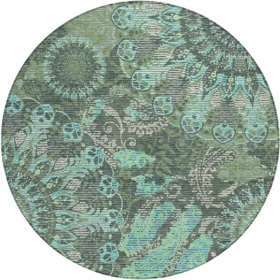 8' Olive Green Blue And Gray Round Paisley Washable Indoor Outdoor Area Rug Photo 2