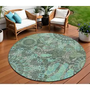 Photo of 8' Olive Green Blue And Gray Round Paisley Washable Indoor Outdoor Area Rug