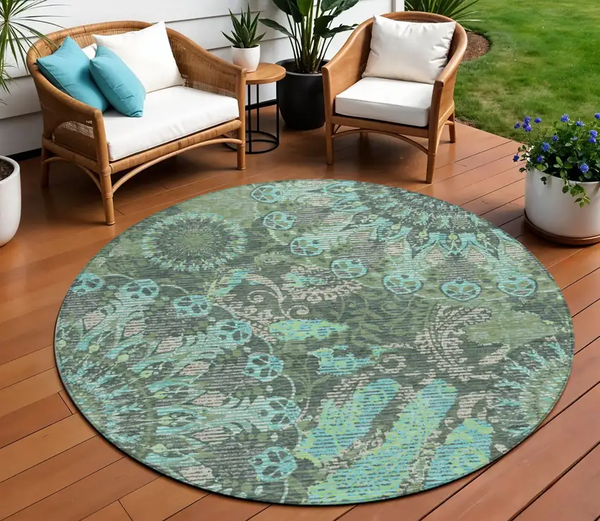 8' Olive Green Blue And Gray Round Paisley Washable Indoor Outdoor Area Rug Photo 1