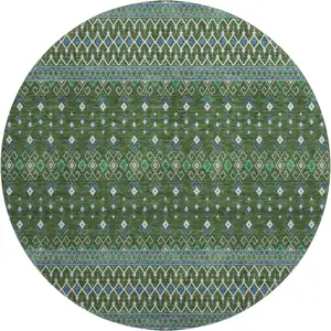 Photo of 8' Olive Green Blue And Ivory Tribal Washable Round Rug With UV Protection