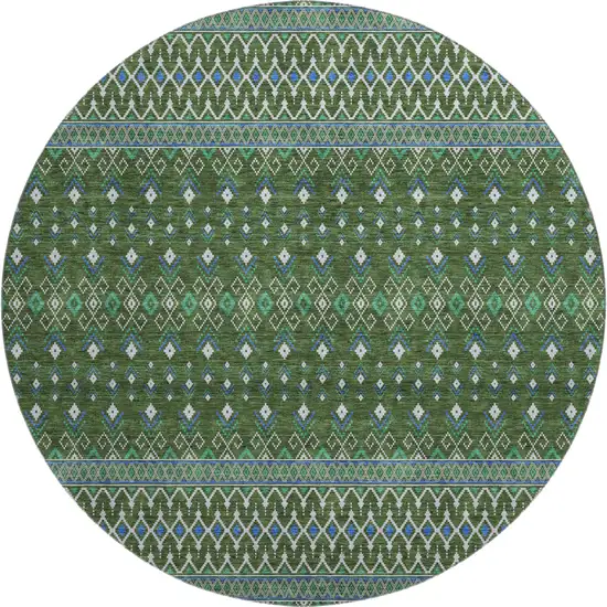 8' Olive Green Blue And Ivory Tribal Washable Round Rug With UV Protection Photo 1