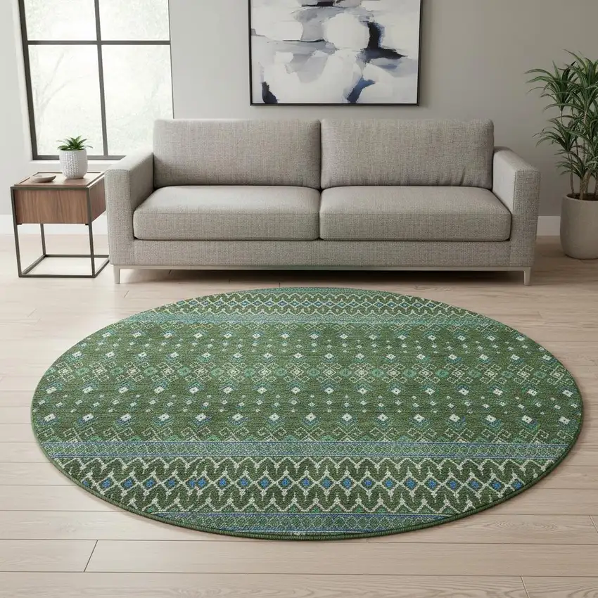 8' Olive Green Blue And Ivory Tribal Washable Round Rug With UV Protection Photo 2