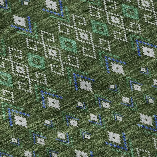 8' Olive Green Blue And Ivory Tribal Washable Round Rug With UV Protection Photo 9