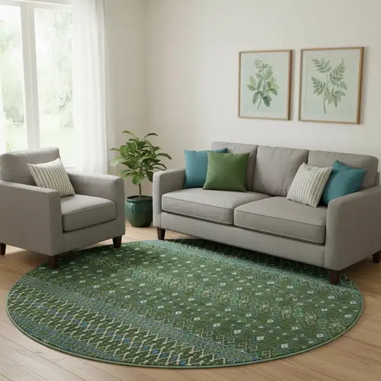 8' Olive Green Blue And Ivory Tribal Washable Round Rug With UV Protection Photo 1