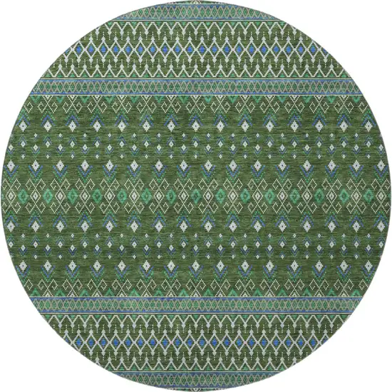 8' Olive Green Blue And Ivory Tribal Washable Round Rug With UV Protection Photo 3