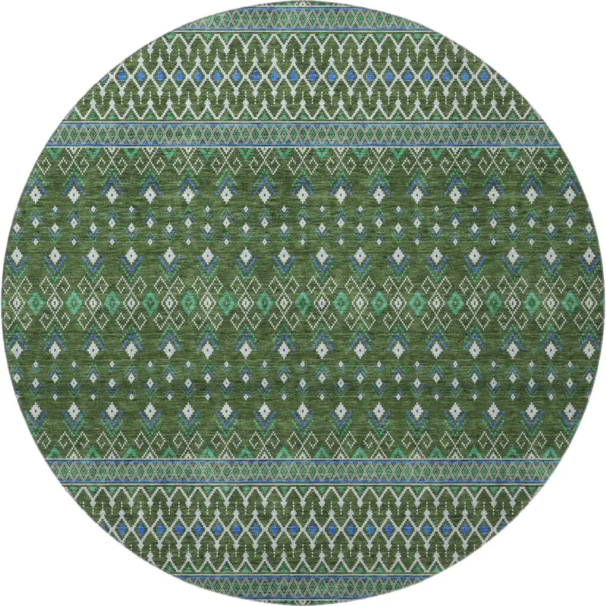 8' Olive Green Blue And Ivory Tribal Washable Round Rug With UV Protection Photo 3