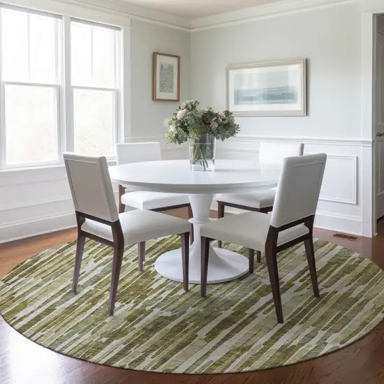 8' Olive Green Brown And Beige Round Abstract Washable Indoor Outdoor Area Rug Photo 7