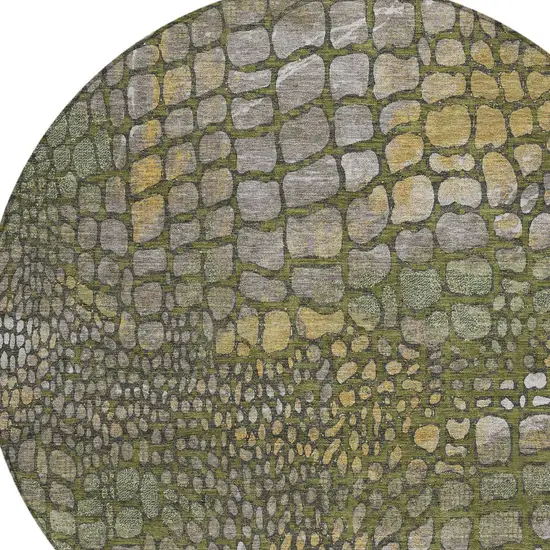 8' Olive Green Brown And Gold Round Abstract Washable Indoor Outdoor Area Rug Photo 4