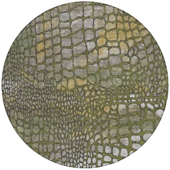 8' Olive Green Brown And Gold Round Abstract Washable Indoor Outdoor Area Rug Photo 5