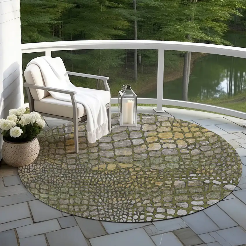 8' Olive Green Brown And Gold Round Abstract Washable Indoor Outdoor Area Rug Photo 6