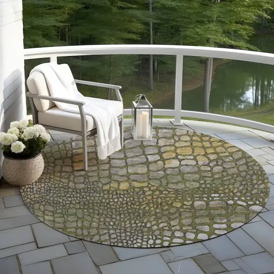 8' Olive Green Brown And Gold Round Abstract Washable Indoor Outdoor Area Rug Photo 6