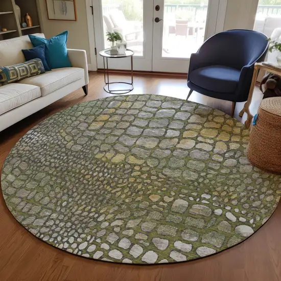 8' Olive Green Brown And Gold Round Abstract Washable Indoor Outdoor Area Rug Photo 7