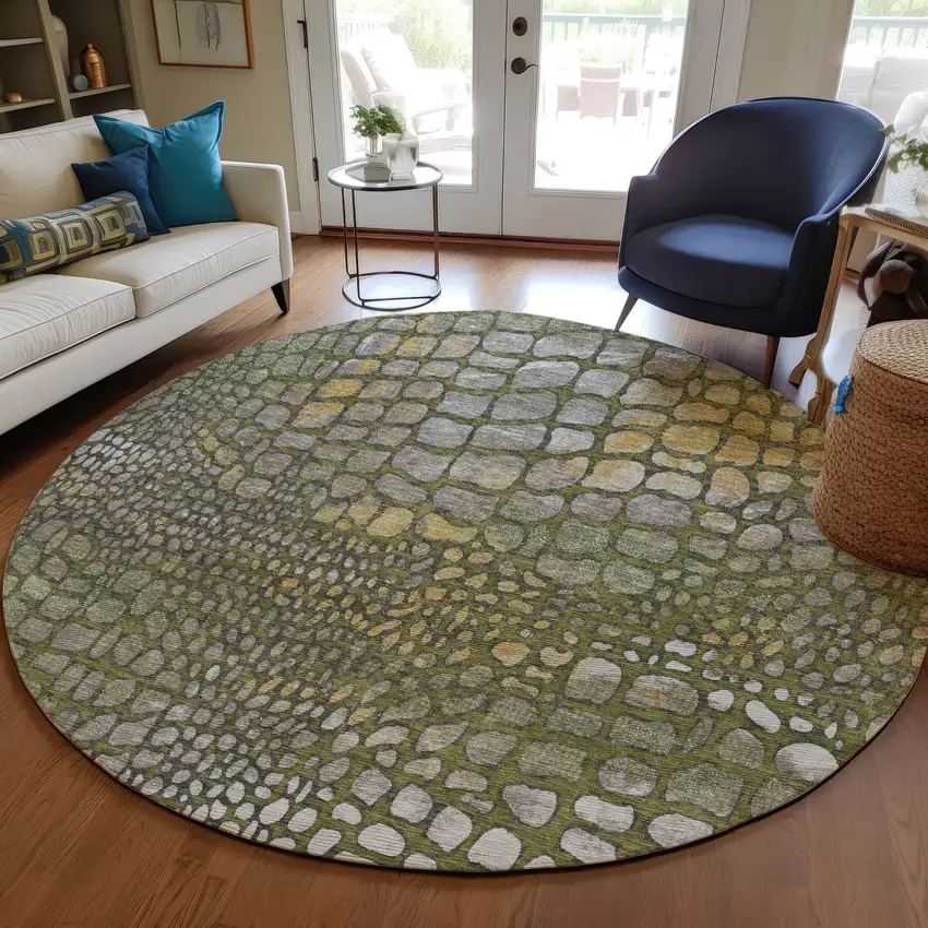 8' Olive Green Brown And Gold Round Abstract Washable Indoor Outdoor Area Rug Photo 7