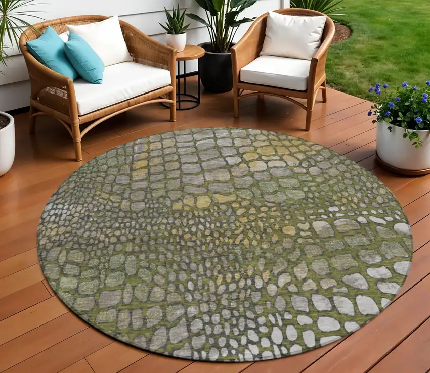 8' Olive Green Brown And Gold Round Abstract Washable Indoor Outdoor Area Rug Photo 1