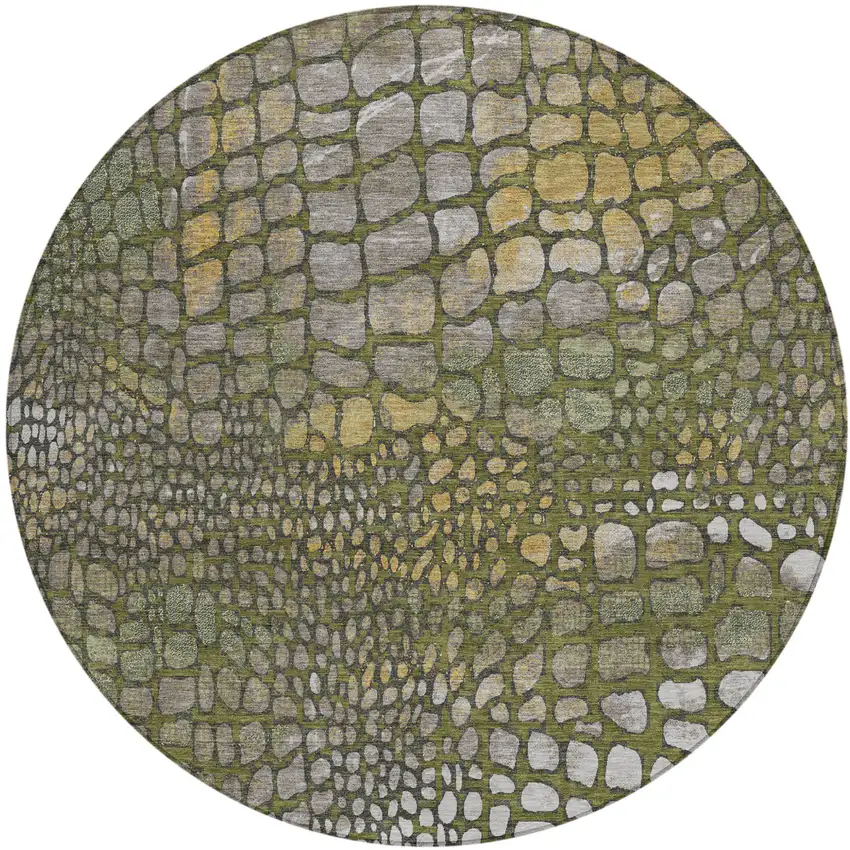 8' Olive Green Brown And Gold Round Abstract Washable Indoor Outdoor Area Rug Photo 2