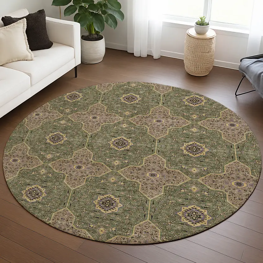 8' Olive Green Brown And Gold Round Quatrefoil Washable Indoor Outdoor Area Rug Photo 5