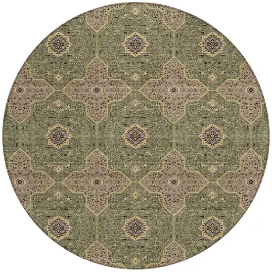 8' Olive Green Brown And Gold Round Quatrefoil Washable Indoor Outdoor Area Rug Photo 2