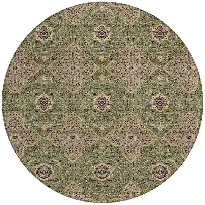 8' Olive Green Brown And Gold Round Quatrefoil Washable Indoor Outdoor Area Rug Photo 2