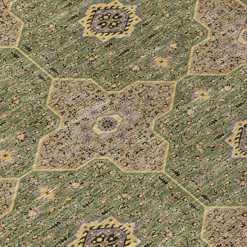 8' Olive Green Brown And Gold Round Quatrefoil Washable Indoor Outdoor Area Rug Photo 9