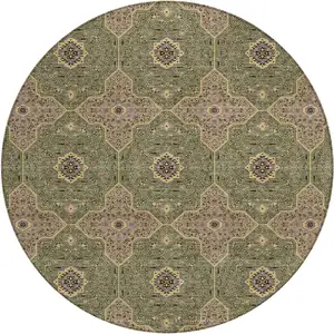 Photo of 8' Olive Green Brown And Gold Round Quatrefoil Washable Indoor Outdoor Area Rug