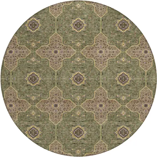 8' Olive Green Brown And Gold Round Quatrefoil Washable Indoor Outdoor Area Rug Photo 1