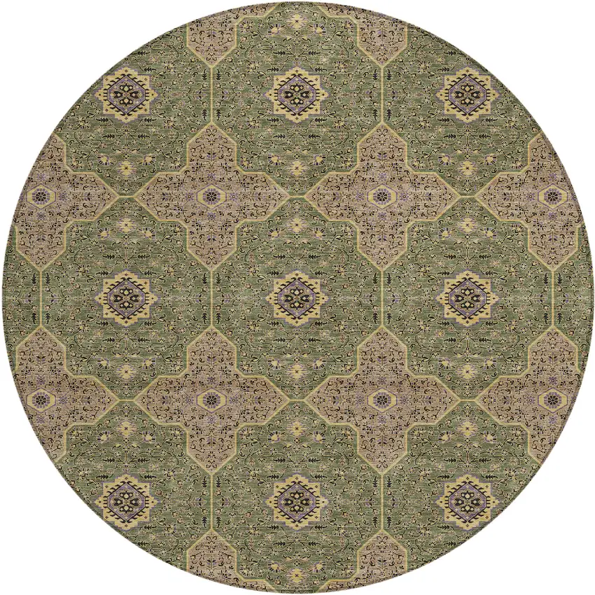 8' Olive Green Brown And Gold Round Quatrefoil Washable Indoor Outdoor Area Rug Photo 1