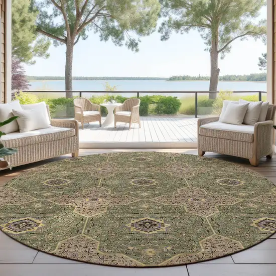 8' Olive Green Brown And Gold Round Quatrefoil Washable Indoor Outdoor Area Rug Photo 4