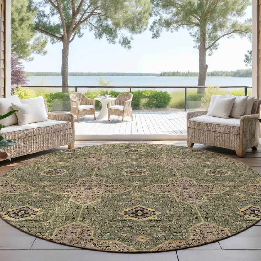 8' Olive Green Brown And Gold Round Quatrefoil Washable Indoor Outdoor Area Rug Photo 4