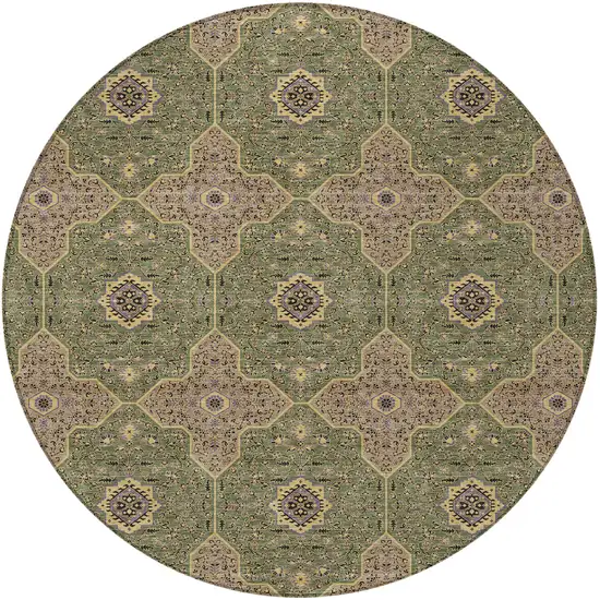 8' Olive Green Brown And Gold Round Quatrefoil Washable Indoor Outdoor Area Rug Photo 3