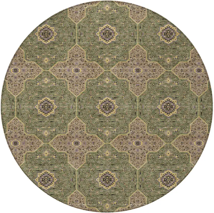 8' Olive Green Brown And Gold Round Quatrefoil Washable Indoor Outdoor Area Rug Photo 3