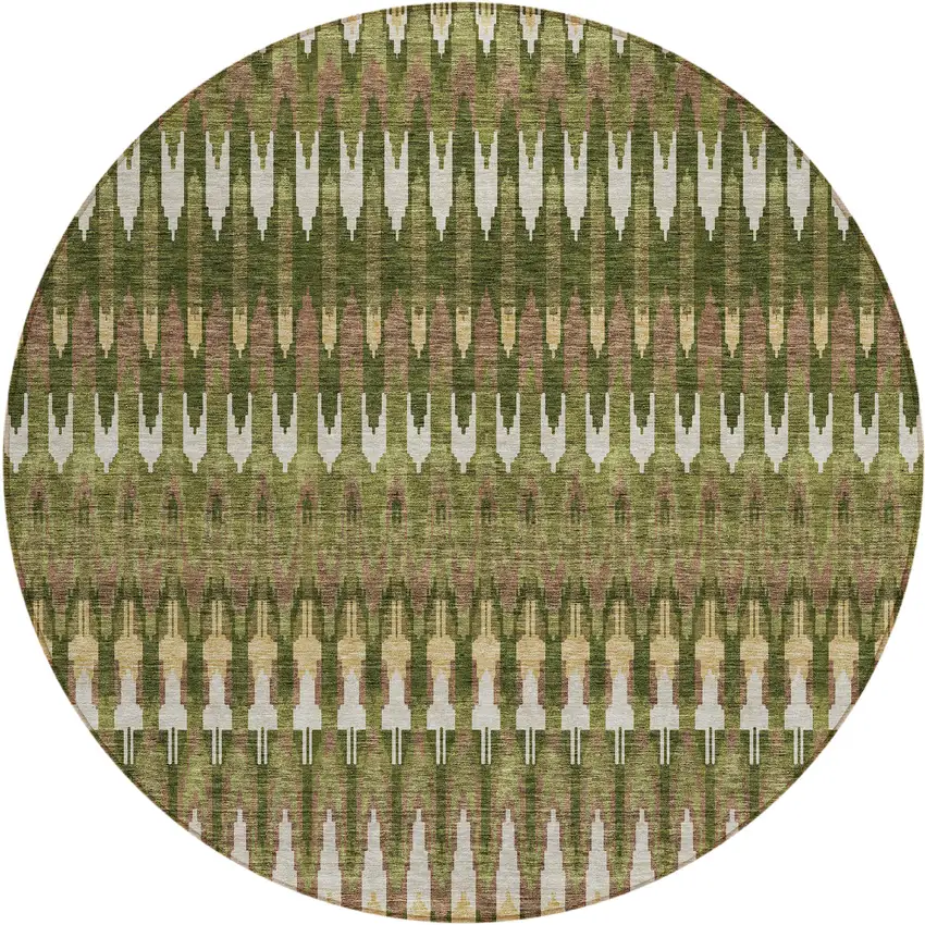 8' Olive Green Brown And Gold Round Southwestern Washable Indoor Outdoor Area Rug Photo 1