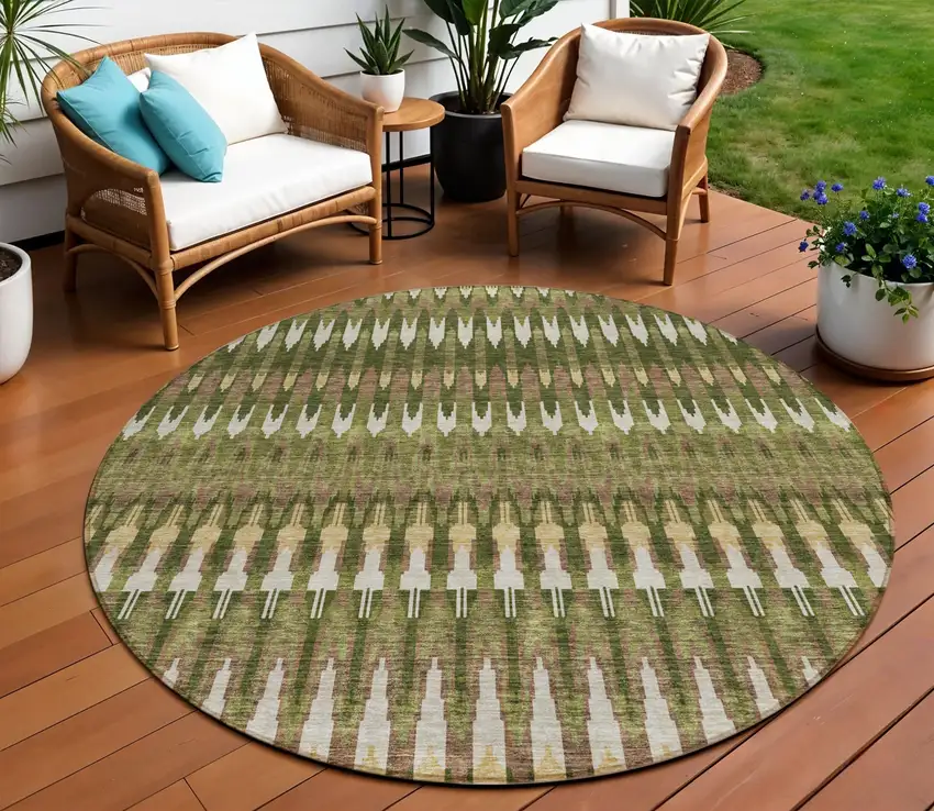 8' Olive Green Brown And Gold Round Southwestern Washable Indoor Outdoor Area Rug Photo 2