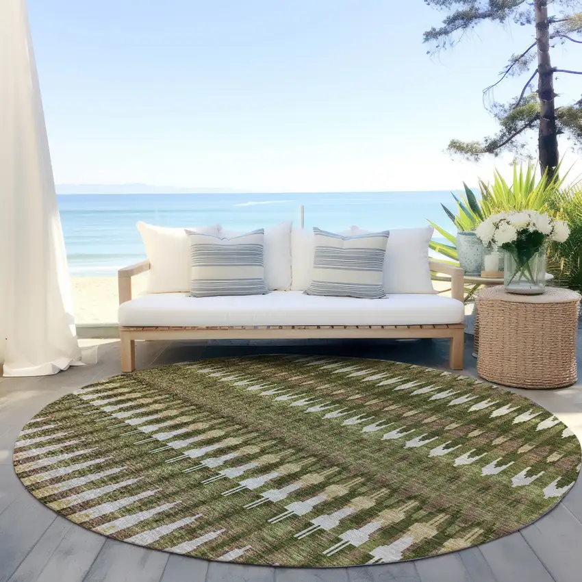 8' Olive Green Brown And Gold Round Southwestern Washable Indoor Outdoor Area Rug Photo 6
