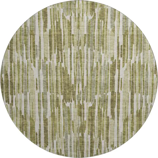 8' Olive Green Brown And Ivory Abstract Washable Round Rug With UV Protection Photo 1