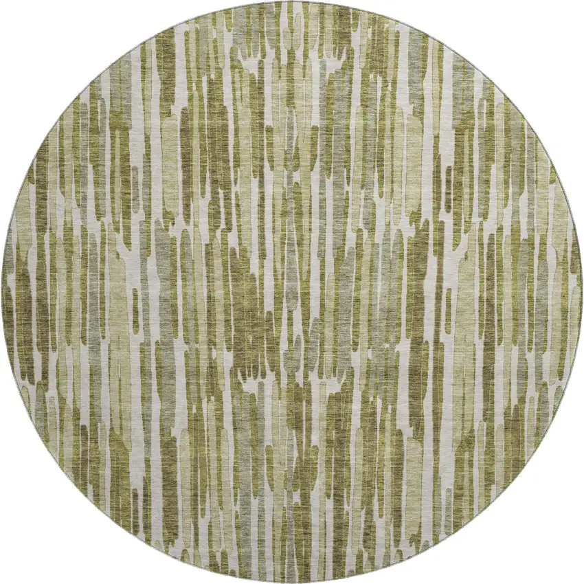 8' Olive Green Brown And Ivory Abstract Washable Round Rug With UV Protection Photo 1