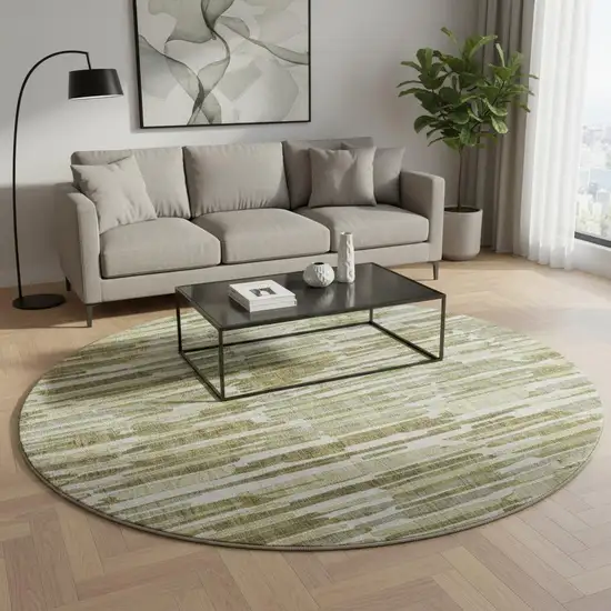 8' Olive Green Brown And Ivory Abstract Washable Round Rug With UV Protection Photo 2