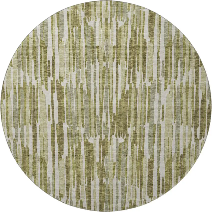 8' Olive Green Brown And Ivory Abstract Washable Round Rug With UV Protection Photo 4