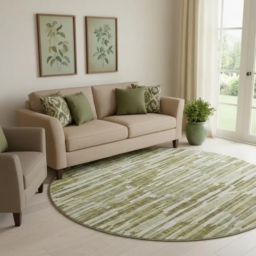8' Olive Green Brown And Ivory Abstract Washable Round Rug With UV Protection Photo 1