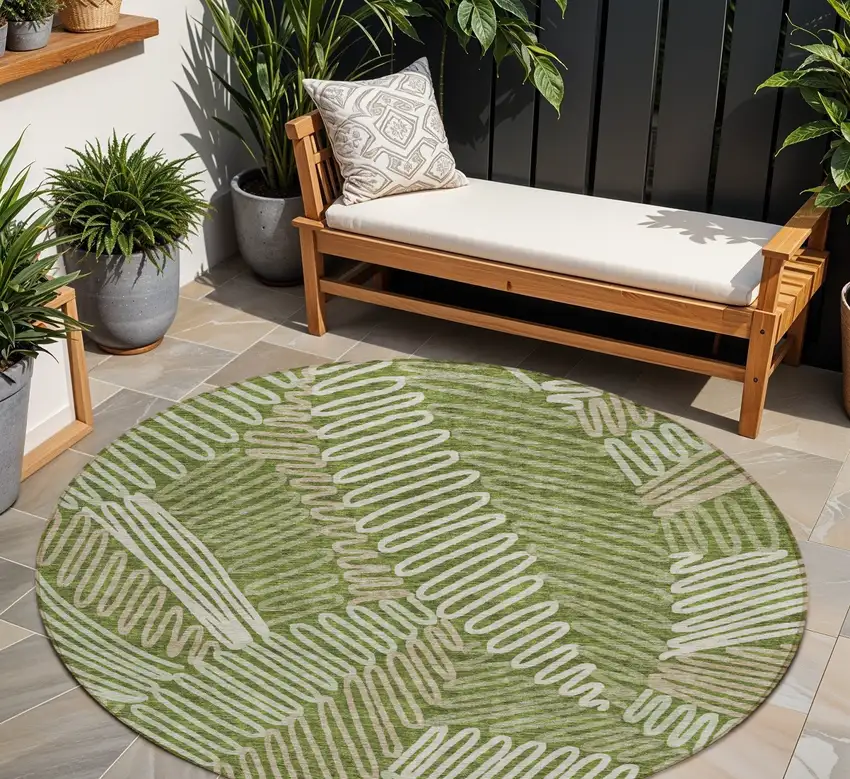 8' Olive Green Brown And Ivory Round Floral Washable Indoor Outdoor Area Rug Photo 1